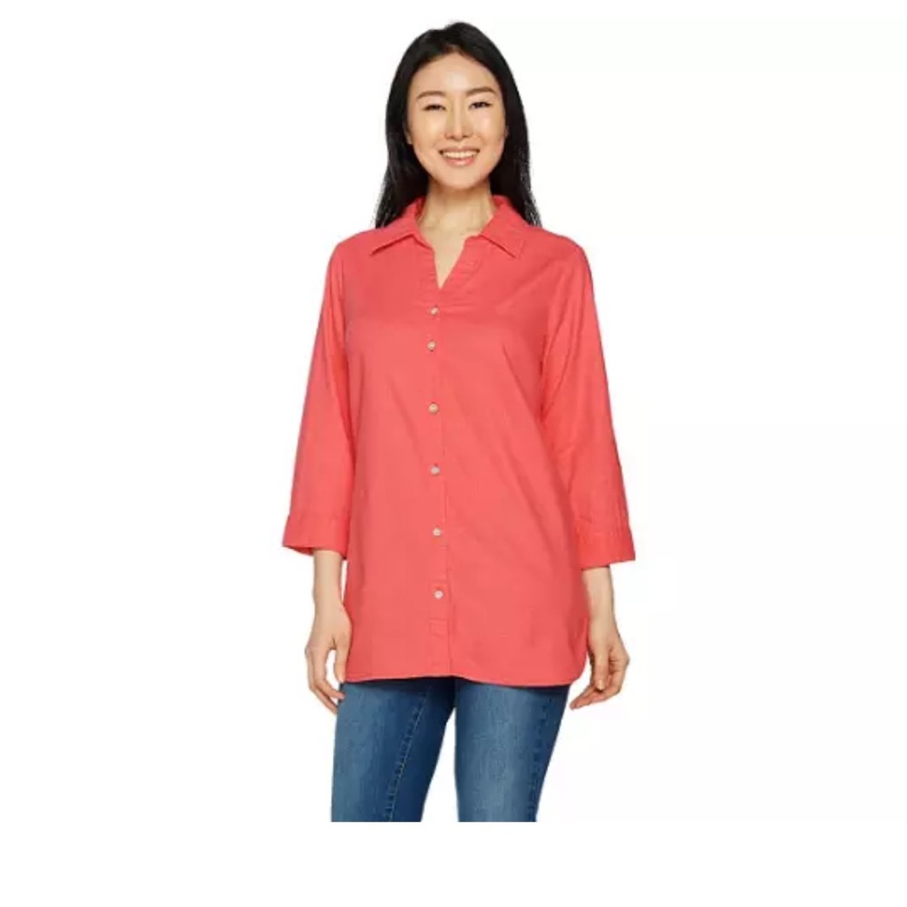Belle by Kim Gravel Stretchabelle 3/4 Sleeve Linen Shirt-Coral-XXS-A291190-NEW